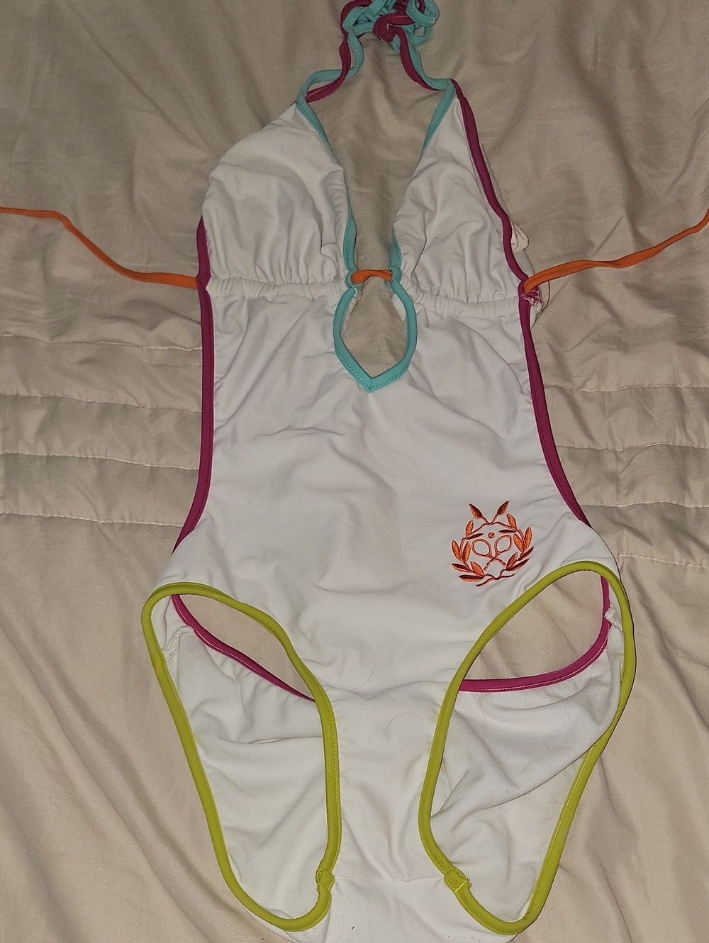 Kids White One-Piece Swimsuit with Multicolor Trim
